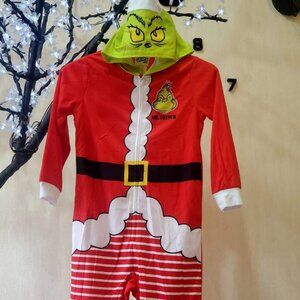 New Grinch One Piece Boys Size 4 Dr Seuss Hooded Pajama Red Striped Full zip